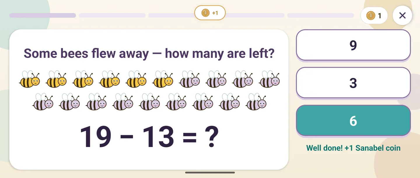 A maths question, 19 minus 13 shown with bees, answered right: “Well done! +1 Sanabel coin”