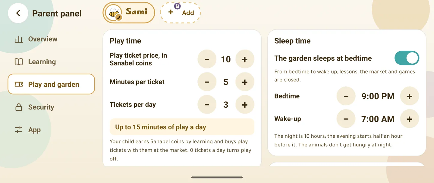 The parent panel, Play and garden: the play ticket price in Sanabel coins (10), minutes per ticket (5) and tickets per day (3), with “Up to 15 minutes of play a day”, and a sleep time from 9:00 PM to 7:00 AM