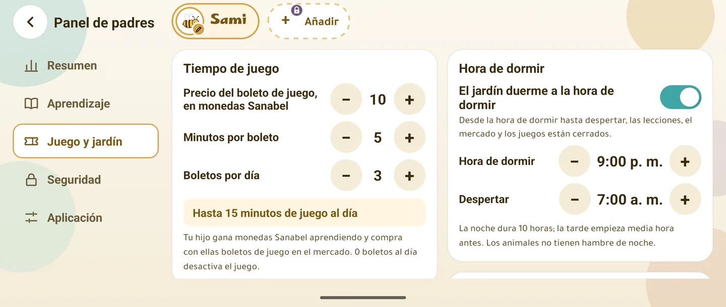El panel de padres, Juego y jardín: el precio del boleto en monedas Sanabel (10), los minutos por boleto (5) y los boletos por día (3), con «Hasta 15 minutos de juego al día», y la hora de dormir de 9:00 p. m. a 7:00 a. m.
