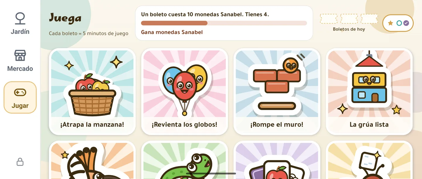 La pestaña Juega: «Un boleto cuesta 10 monedas Sanabel. Tienes 4.» sobre una cuadrícula de juegos pequeños, entre ellos ¡Atrapa la manzana!, ¡Revienta los globos!, ¡Rompe el muro! y La grúa lista