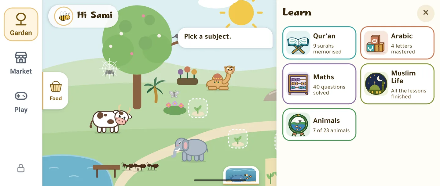 The Learn drawer open over the garden, with a tile each for Qur’an, Arabic, Maths, Muslim Life and Animals, each showing the child’s progress